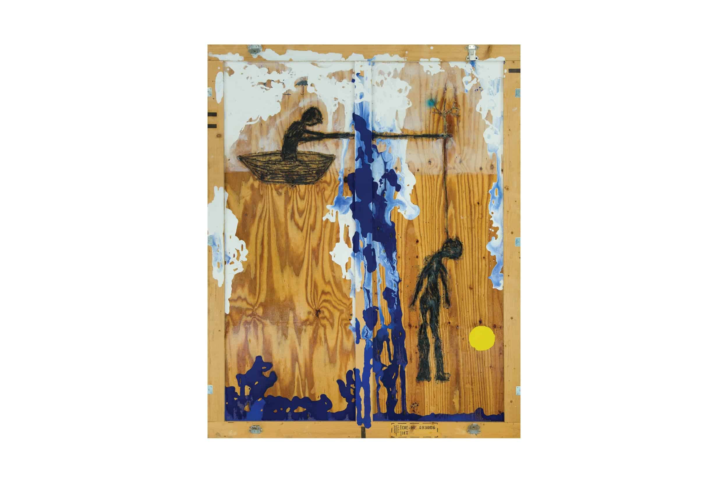 painting displaced people mixed media on wooden crates nadim karam painting